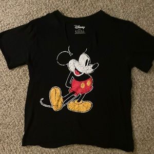 Black Disney T shirt with Mickey Mouse. V neck cut out